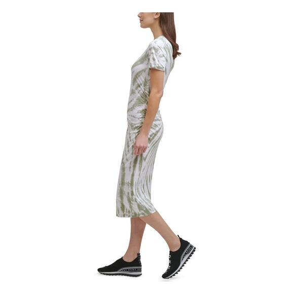 DKNY Sport Womens Ruched Sheath Dress Small Olive White Tie Dye Short Sleeve NWT - Picture 3 of 3